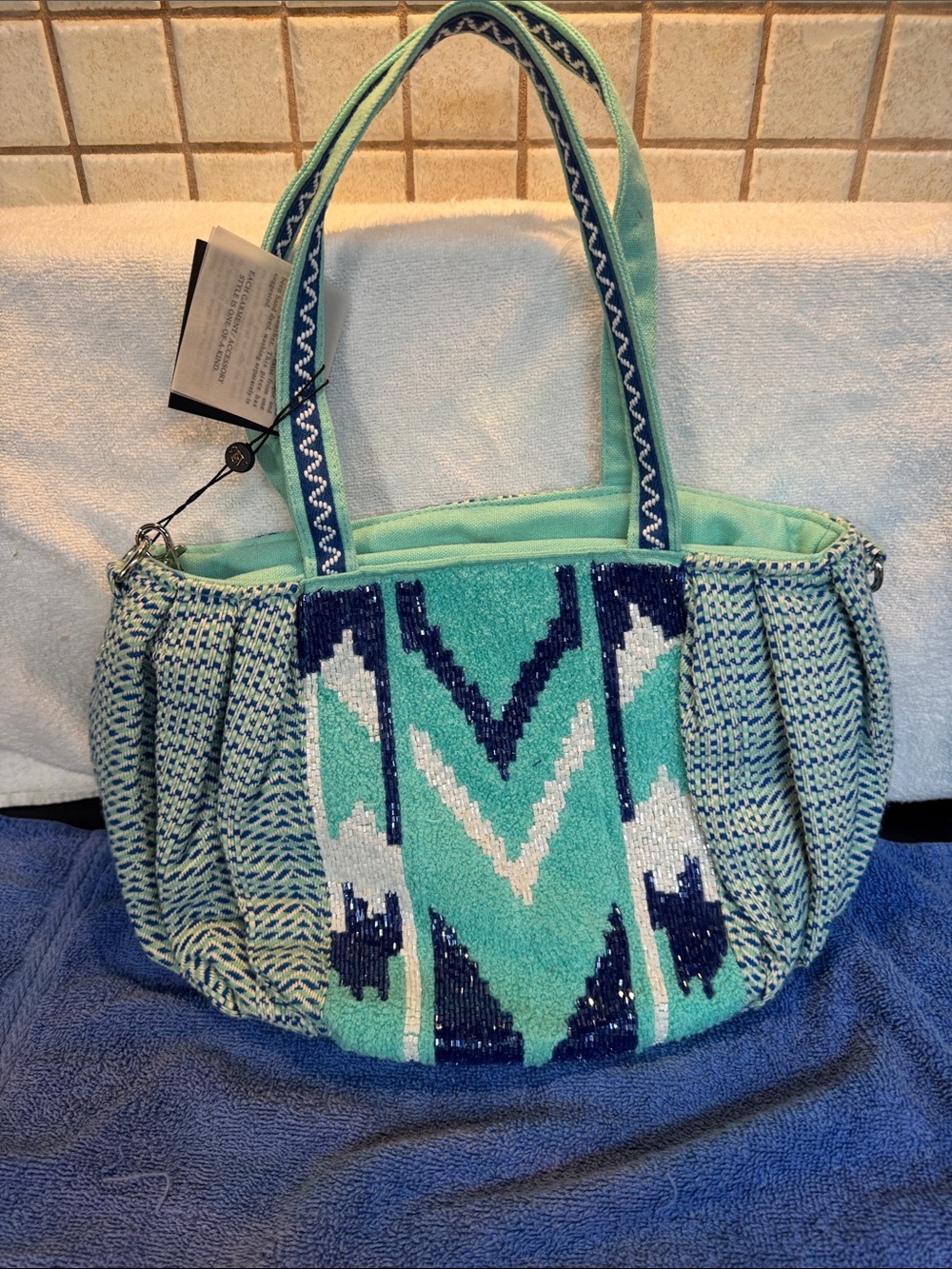 Turquoise Patterned Shoulder Bag with Beaded Accent